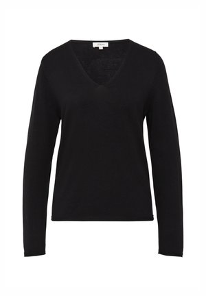 Pull noir à manches longues avec un col en V, fabriqué en maille légère. Présente un design simple et discret sans embellissements.