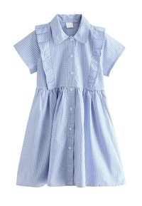 Blauw en wit geruit jurk met korte mouwen, kraag, knopen aan de voorkant en ruffles langs de naden. Katoenen stof.
