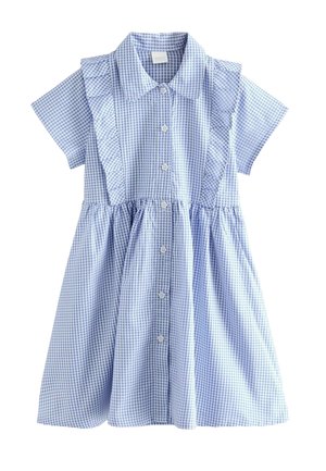 Blauw en wit geruit jurk met korte mouwen, kraag, knopen aan de voorkant en ruffles langs de naden. Katoenen stof.
