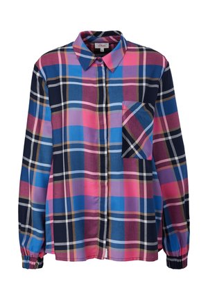 Chemise à manches longues boutonnée avec motif à carreaux multicolores en bleu, rose, violet et noir, dotée d'une poche poitrine unique et de poignets élastiques.