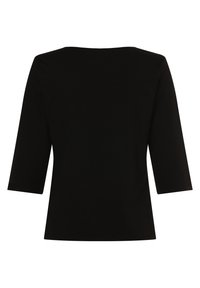 Schwarzes Oberteil mit lockerer Passform, Carmen-Ausschnitt und Dreiviertelärmeln. Glatter, dehnbarer Stoff und schlichtes Design.