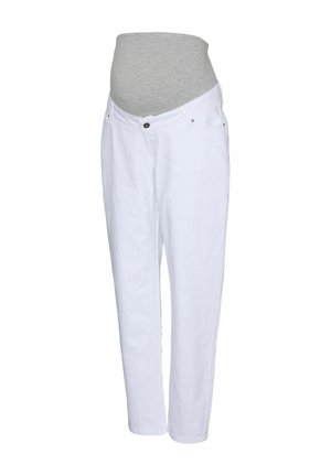 White maternity jeans with a grey elastic waistband, featuring front pockets and a straight-leg design. Made from soft denim fabric.
