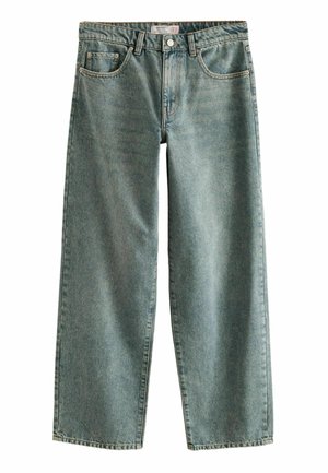 Ljusblå, löst sittande jeans i denim med hög midja, fyra fickor och rak bendesign; inkluderar kontrasterande sömmar och knäppning.