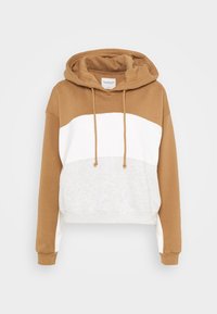 Felpa con cappuccio nei colori marrone, bianco e grigio a blocchi. Presenta cordini, maniche a cuffia e un design corto. Tessuto morbido e testurizzato.