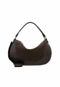 Hobo tas met een donkerbruin leren lichaam en een gestructureerd bruin stoffen paneel bovenop. Voorzien van een zwarte schouderband en gouden hardware accenten.