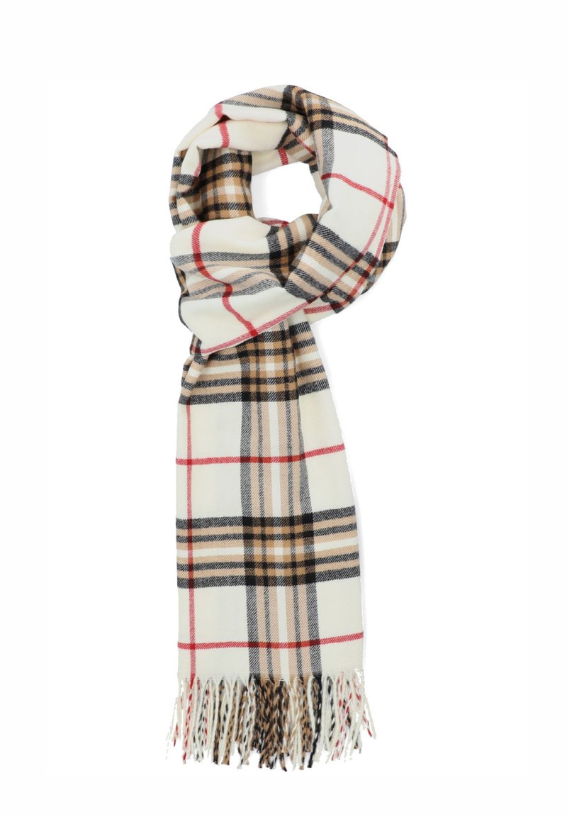 Tkany szal w kratę w kremowym, brązowym i czerwonym kolorze, z frędzlami na końcach i miękką fakturą, z klasycznym wzorem kratki.