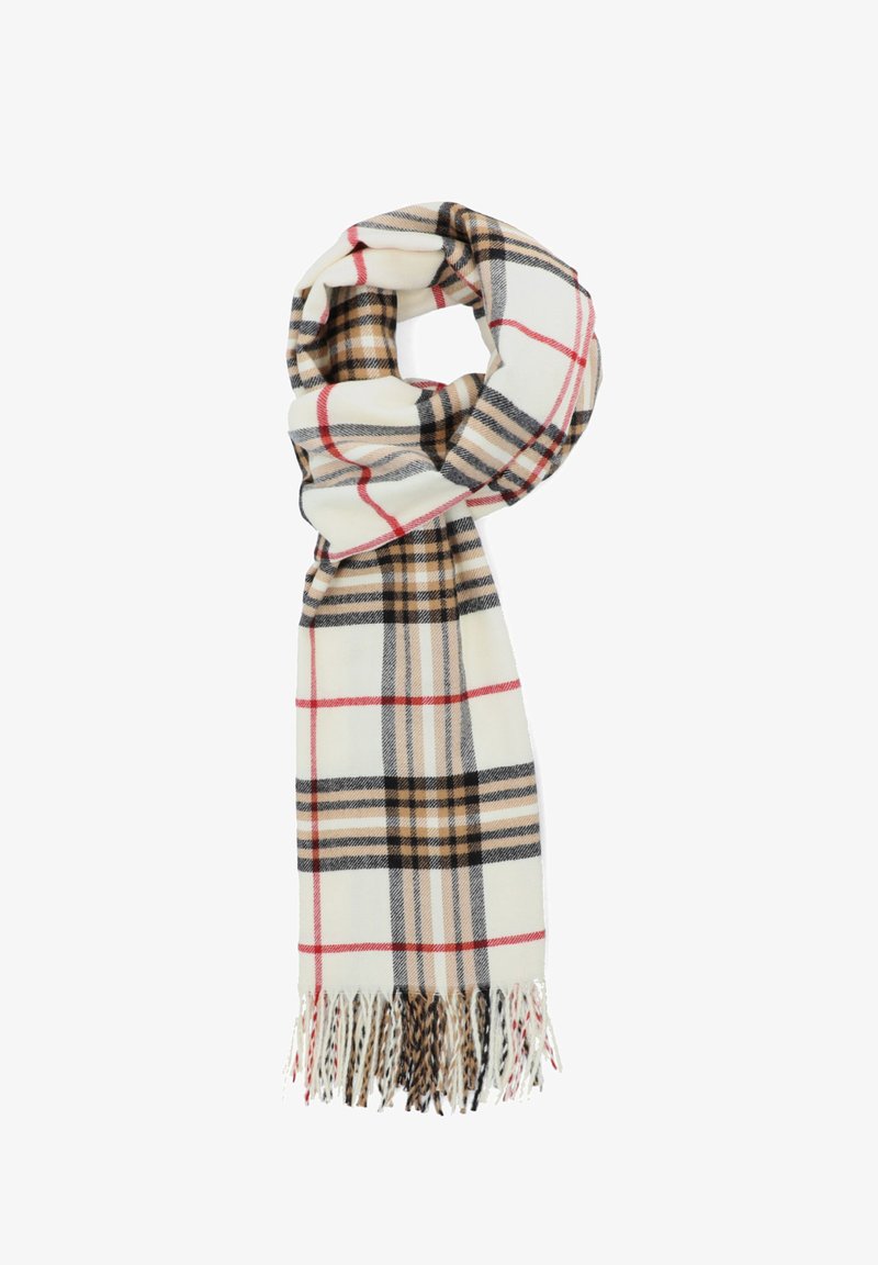 Tkany szal w kratę w kremowym, brązowym i czerwonym kolorze, z frędzlami na końcach i miękką fakturą, z klasycznym wzorem kratki.