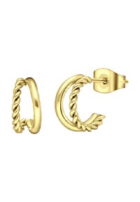 Gouden oorbellen met een gedraaid touwontwerp. Één paar is een eenvoudige ring, terwijl het andere een decoratieve bladvorm heeft.