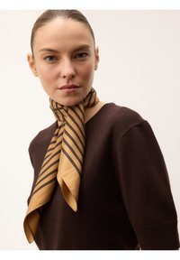 Seidenschal in goldbraun mit dunklen Streifen, am Hals geknotet. Getragen mit einem dunkelbraunen Pullover, der einen Rundhalsausschnitt und kurze Ärmel hat.