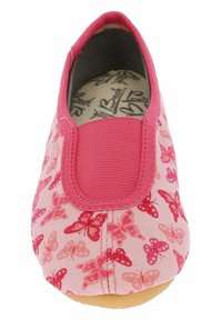 Rosa Slipper mit einem Textiloberteil, das mit einem Schmetterlingsmuster gestaltet ist, einem elastischen Einsatz und einer einfarbigen rosa Zehenkappe. Strukturiert Gummisohle.