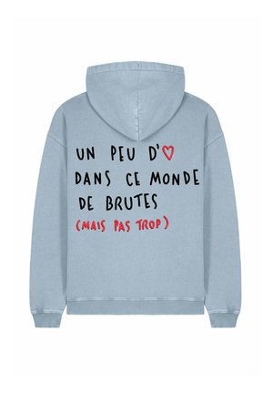Light blue hoodie with a kangaroo pocket, featuring black and red printed text on the back. Soft fabric with ribbed cuffs and hem.
