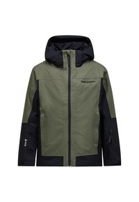 Giacca impermeabile verde oliva e nera con zip frontale, cappuccio regolabile e toppe rinforzate sui gomiti per una maggiore durata.