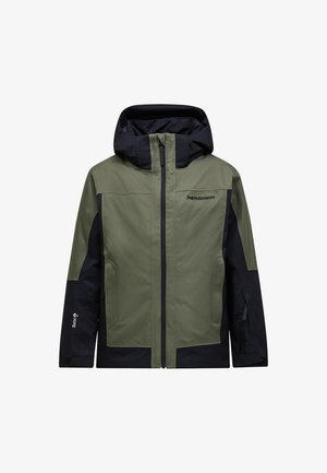 Olivegrüner und schwarzer wasserdichter Jacke mit durchgehendem Reißverschluss, verstellbarer Kapuze und verstärkten Ellenbogenpatches für Langlebigkeit.