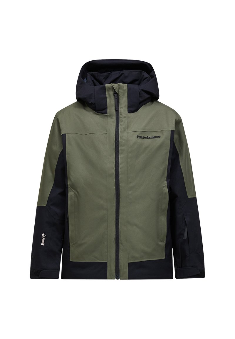 Giacca impermeabile verde oliva e nera con zip frontale, cappuccio regolabile e toppe rinforzate sui gomiti per una maggiore durata.