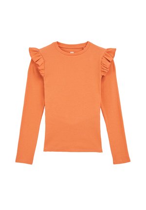 Langärmliges orangenes Rippenhemd mit Rundhalsausschnitt und gerafften Stoffdetails an den Schultern.