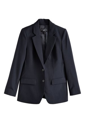 Blazer noir ajusté avec revers crantés, deux boutons, poches à rabat et manches longues, présenté à plat sur fond blanc.