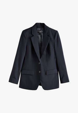 Blazer noir ajusté avec revers crantés, deux boutons, poches à rabat et manches longues, présenté à plat sur fond blanc.