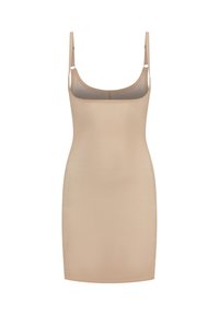 Abito a sottoveste beige con spalline regolabili, realizzato in tessuto morbido, caratterizzato da una silhouette aderente e un sottile pannello traslucido nella parte superiore.
