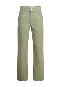 Pantalones de algodón verdes con un diseño de pierna recta. Presentan una cintura alta, bolsillo frontal y cierre de botón de metal. Textura suave, estilo clásico.