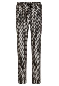 Zwarte elastische broek met een diamanten patroon in crème, met een trekkoordsluiting en een rechte snit. Gemaakt van lichtgewicht stof.