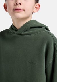 Mörkgrön hoodie i mjukt tyg, med en framficka i kengurustil och en subtil "element"-logotyp broderad på bröstet.