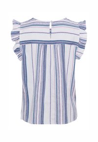 Top bianco a maniche corte con righe verticali blu e rosa, maniche arricciate e chiusura posteriore a oblò con passante. Tessuto di cotone.