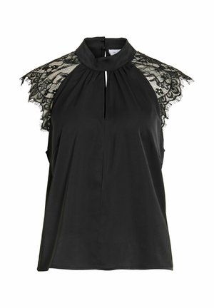 Blouse noire sans manches avec col montant, ouverture en trou de serrure à l'avant, et manches courtes en dentelle florale transparente.
