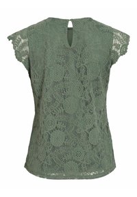 Groene kant top met korte fluttermouwen, bloem- en geometrische patronen, een keyhole rugdetail en een lose fit.