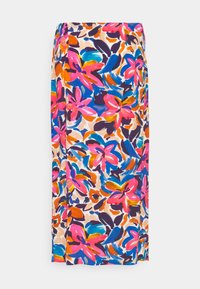 Bloemige maxi rok met een levendig patroon van roze, blauwe, oranje en paarse bloemen op een beige achtergrond. Soepele, lichtgewicht stof.