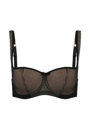 Czarny i beżowy biustonosz z fiszbinami w kratkę, z regulowanymi ramiączkami, usztywnionymi miseczkami oraz zapięciem na haftkę z przodu. Gładka faktura tkaniny.