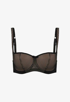 Czarny i beżowy biustonosz z fiszbinami w kratkę, z regulowanymi ramiączkami, usztywnionymi miseczkami oraz zapięciem na haftkę z przodu. Gładka faktura tkaniny.