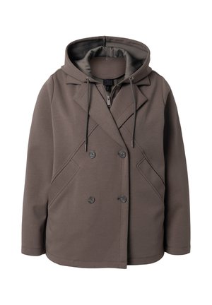 Braune, doppelt geknöpfte Kapuzenjacke mit vier Knöpfen, zwei Fronttaschen und Kordelzügen an der Kapuze.