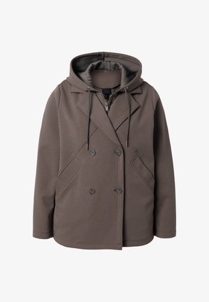 Braune, doppelt geknöpfte Kapuzenjacke mit vier Knöpfen, zwei Fronttaschen und Kordelzügen an der Kapuze.