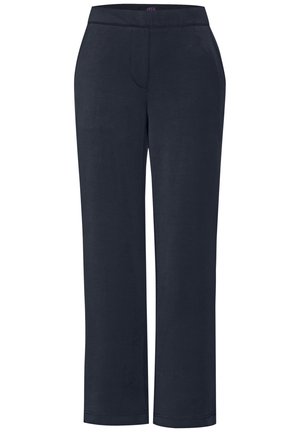 Pantaloni blu navy realizzati in tessuto morbido, con un design a gamba dritta, vita e tasche frontali. Senza motivi visibili.