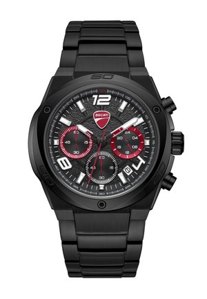 Czarny chronograf marki Ducati z metalową bransoletą, teksturowaną tarczą, trzema subtarcami, białymi oznaczeniami oraz czerwonymi akcentami na wskazówkach i subtarcach.