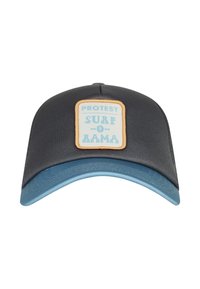 Black cap with a light blue visor. Features a rectangular tan patch with "PROTEST SURF-O-RAMA" in light blue lettering. Textured fabric.