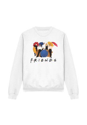 White sweatshirt with stylized illustration of six people holding colorful umbrellas and the word "FRIENDS" below in bold letters.