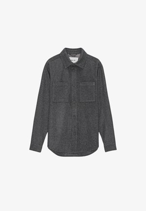 Grijze flanellen blouse met een knoopsluiting aan de voorkant, twee borstzakken, lange mouwen, een puntige kraag en een afgeronde zoom. Gestructureerde stof met een zachte afwerking.