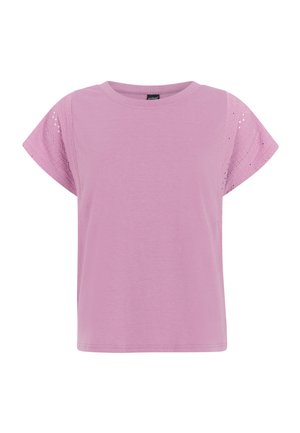 Rosa T-shirt med korte ærmer og blondeaccents på ærmerne, rund hals og blød bomuldsblanding. Afslappet pasform og glat tekstur.
