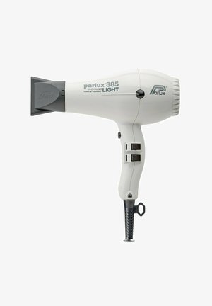 Parlux 385 Light haardroger in het wit, met een gestroomlijnd ontwerp, keramische mondstuk, twee snelheidsinstellingen en een handvat met een textuur.