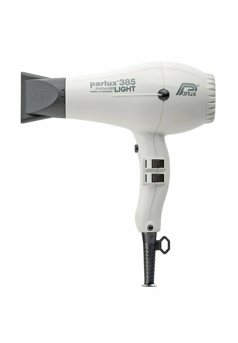 Parlux 385 Light haardroger in het wit, met een gestroomlijnd ontwerp, keramische mondstuk, twee snelheidsinstellingen en een handvat met een textuur.