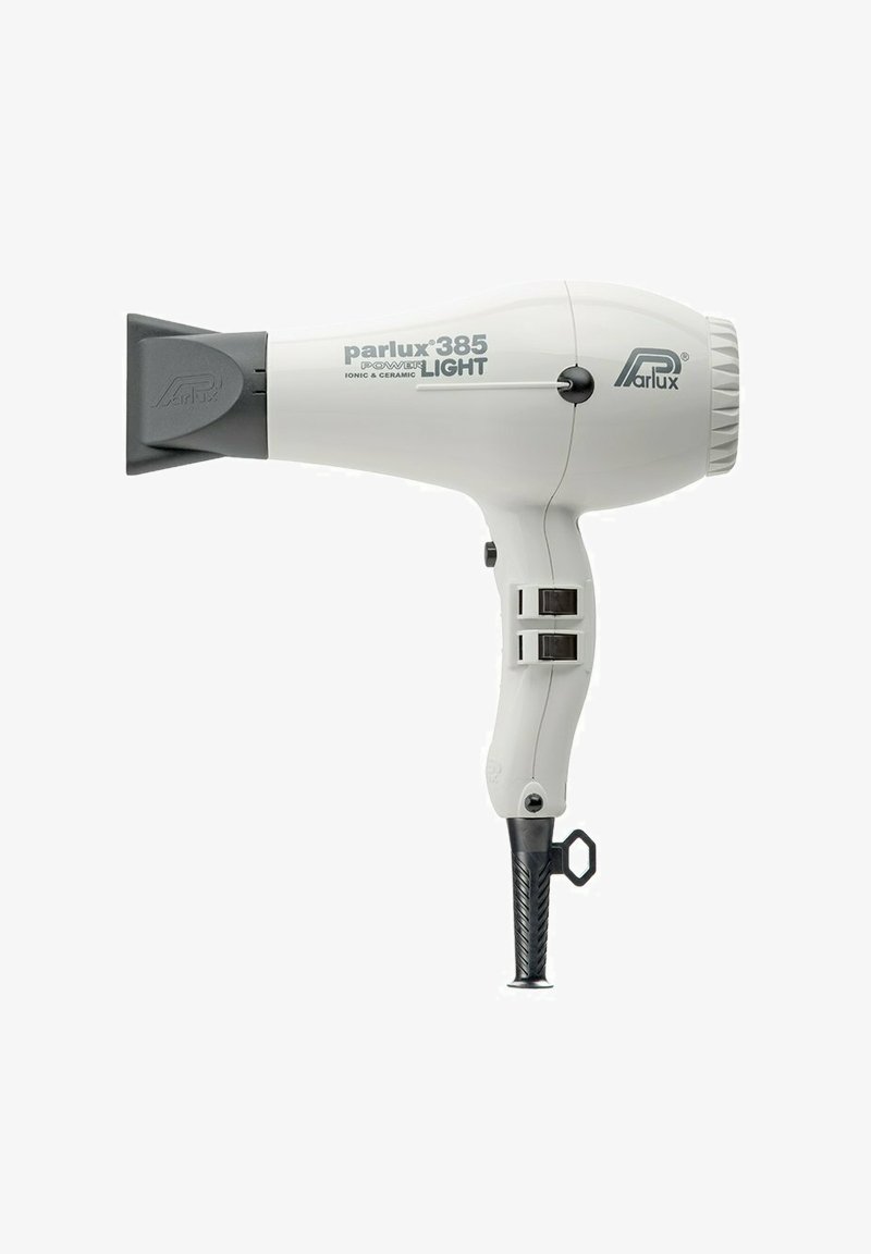 Parlux 385 Light haardroger in het wit, met een gestroomlijnd ontwerp, keramische mondstuk, twee snelheidsinstellingen en een handvat met een textuur.