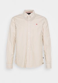 Pruhovaná košile na knoflíky v béžové a bílé barvě, vyrobená z bavlny. Má dlouhé rukávy, límec a malé červené logo na hrudi.