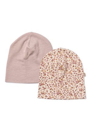 Dos gorros de tela suave, uno liso de color malva claro y otro blanco con un pequeño estampado floral rosa y marrón, colocados planos sobre un fondo blanco.