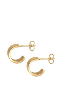 Guldøreringe med et glat, buet design. De har et låsesystem og en blank finish, der fremhæver deres cirkulære form.