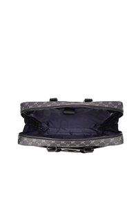 Black patterned travel bag with a smooth exterior, featuring a zip closure and two top handles. Interior has a solid dark lining.