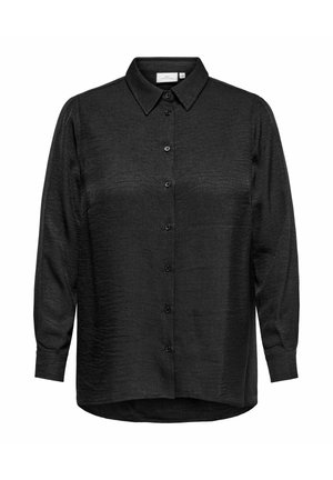 Chemise noire à manches longues en tissu texturé, dotée d'un col classique et d'une fermeture à boutons sur le devant, avec un ourlet légèrement arrondi.