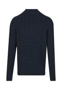 Marine gebreide trui met kabelpatroon, ronde hals, lange mouwen en geribde manchetten en zoom. Gestructureerde stof voor extra warmte.