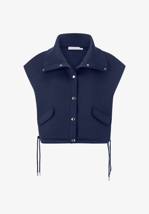 Marineblaue ärmellose kurze Jacke mit weitem Kragen, vorderen Druckknöpfen, zwei Klappentaschen und Kordelzügen am Saum.