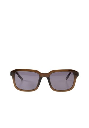 Lunettes de soleil rectangulaires avec montures translucides brun foncé et verres teintés gris, vue de face sur fond blanc.